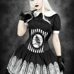 Restyle Bustiers & Corsets Black & White Stripes Fantasy Raven Cameo Underburst Corset -Restyle sale Shop black and white stripes fantasy raven cameo underburst corset rebelsmarket 1