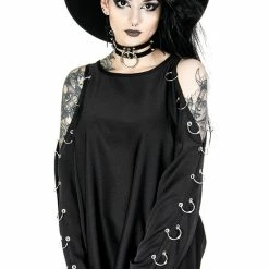 Restyle Standard Tops Black Cold-Shoulder Loose-Fit Pierced Gothic Top