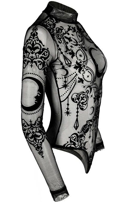 Restyle Standard Tops Black Gothic Crescent Stars See-Through Mesh Turtleneck Bodysuit 3 Restyle Standard Tops Black Gothic Crescent Stars See-Through Mesh Turtleneck Bodysuit - Image 3
