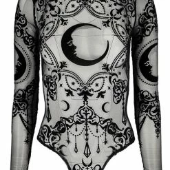 Restyle Standard Tops Black Gothic Crescent Stars See-Through Mesh Turtleneck Bodysuit