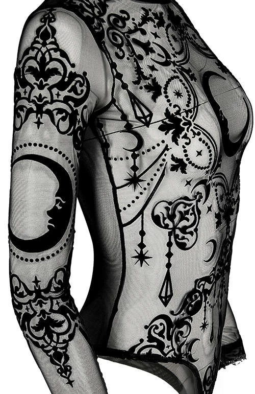 Restyle Standard Tops Black Gothic Crescent Stars See-Through Mesh Turtleneck Bodysuit 4 Restyle Standard Tops Black Gothic Crescent Stars See-Through Mesh Turtleneck Bodysuit - Image 4