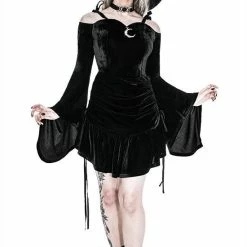 Restyle Dresses Black Gothic Draped Heart Neckline Flared Sleeves Velvet Mini Dress -Restyle sale Shop black gothic draped heart neckline flared sleeves velvet mini dress rebelsmarket 2