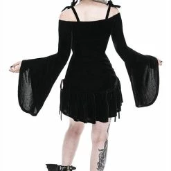 Restyle Dresses Black Gothic Draped Heart Neckline Flared Sleeves Velvet Mini Dress -Restyle sale Shop black gothic draped heart neckline flared sleeves velvet mini dress rebelsmarket 3