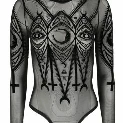 Restyle Standard Tops Black Gothic Fortune Teller See-Through Mesh Turtleneck Bodysuit