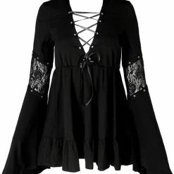 Restyle sale Shop -Restyle sale Shop black gothic lace up flared long sleeves a line mini dress rebelsmarket 1