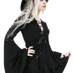 Restyle Dresses Black Gothic Lace-Up Flared Long Sleeves A-Line Mini Dress -Restyle sale Shop black gothic lace up flared long sleeves a line mini dress rebelsmarket 3