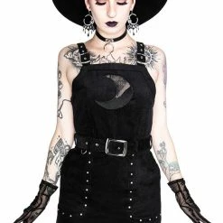 Restyle Dresses Black Gothic Mesh Moon Studded Suspender Corduroy Dress