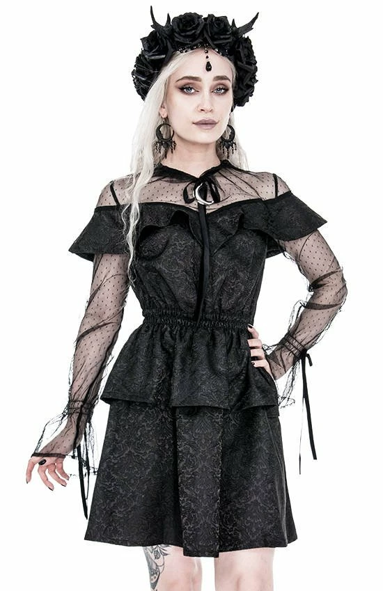 Restyle Dresses Black Gothic Mesh Sleeves Jacquard Layered Mini Dress 1 Restyle Dresses Black Gothic Mesh Sleeves Jacquard Layered Mini Dress