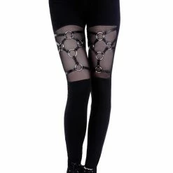 Restyle Black Gothic Mesh Trim O-Ring Harness Leggings
