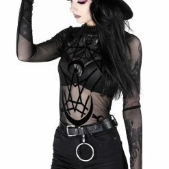 Restyle Standard Tops Black Gothic Moon Child See-Through Mesh Turtleneck Bodysuit -Restyle sale Shop black gothic moon child see through mesh turtleneck bodysuit rebelsmarket 3