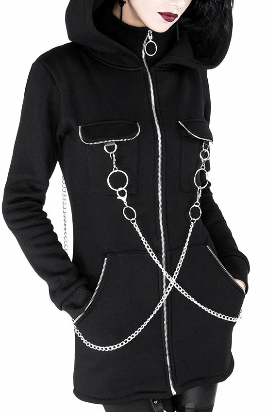 Restyle Jackets Black Gothic Oversized Hood Chained Long Jacket 2 Restyle Jackets Black Gothic Oversized Hood Chained Long Jacket - Image 2