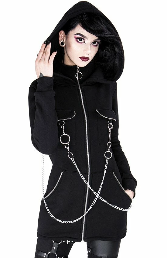 Restyle Jackets Black Gothic Oversized Hood Chained Long Jacket 3 Restyle Jackets Black Gothic Oversized Hood Chained Long Jacket - Image 3