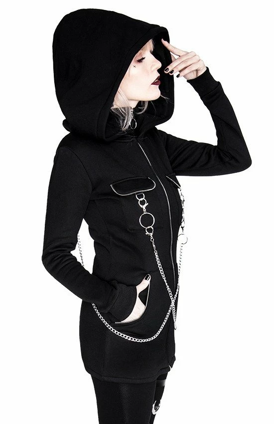 Restyle Jackets Black Gothic Oversized Hood Chained Long Jacket 4 Restyle Jackets Black Gothic Oversized Hood Chained Long Jacket - Image 4