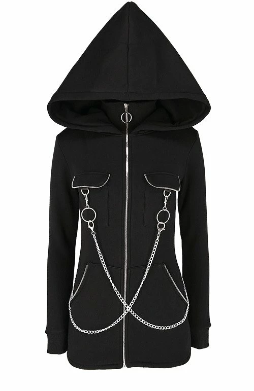 Restyle Jackets Black Gothic Oversized Hood Chained Long Jacket 5 Restyle Jackets Black Gothic Oversized Hood Chained Long Jacket - Image 5
