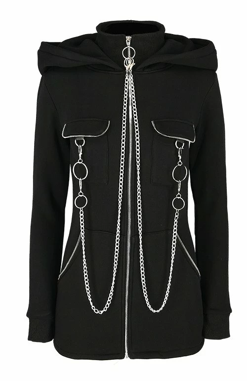Restyle Jackets Black Gothic Oversized Hood Chained Long Jacket 6 Restyle Jackets Black Gothic Oversized Hood Chained Long Jacket - Image 6