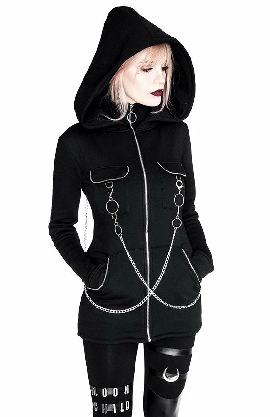 Restyle Jackets Black Gothic Oversized Hood Chained Long Jacket 1 Restyle Jackets Black Gothic Oversized Hood Chained Long Jacket