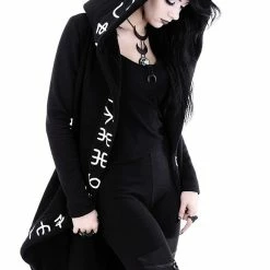 Restyle Jackets Black Gothic Oversized Hood Runes Pattern Open Stitch Long Jacket -Restyle sale Shop black gothic oversized hood runes pattern open stitch long jacket rebelsmarket 5