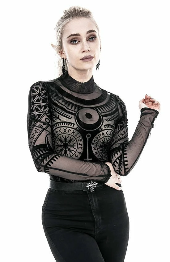Restyle Standard Tops Black Gothic Pagan Runes See-Through Mesh Turtleneck Bodysuit 2 Restyle Standard Tops Black Gothic Pagan Runes See-Through Mesh Turtleneck Bodysuit - Image 2