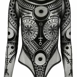 Restyle Standard Tops Black Gothic Pagan Runes See-Through Mesh Turtleneck Bodysuit