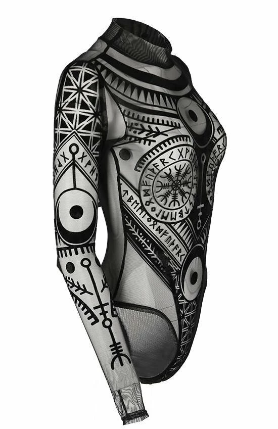 Restyle Standard Tops Black Gothic Pagan Runes See-Through Mesh Turtleneck Bodysuit 5 Restyle Standard Tops Black Gothic Pagan Runes See-Through Mesh Turtleneck Bodysuit - Image 5