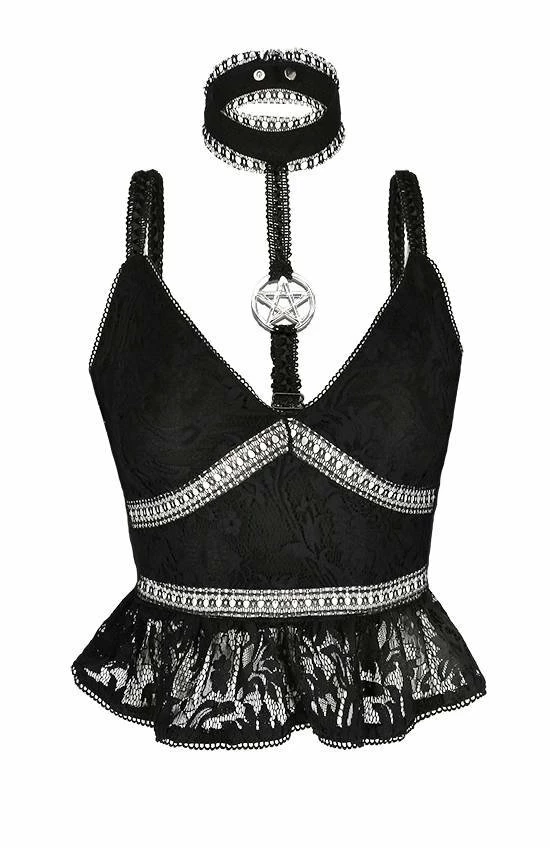 Restyle Standard Tops Black Gothic Pentagram Transparent Belt Peplum Lace Top 2 Restyle Standard Tops Black Gothic Pentagram Transparent Belt Peplum Lace Top - Image 2