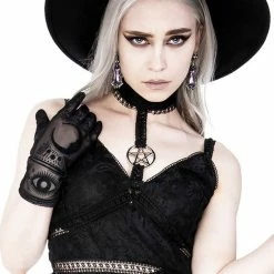 Restyle Standard Tops Black Gothic Pentagram Transparent Belt Peplum Lace Top