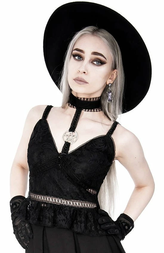 Restyle Standard Tops Black Gothic Pentagram Transparent Belt Peplum Lace Top 4 Restyle Standard Tops Black Gothic Pentagram Transparent Belt Peplum Lace Top - Image 4