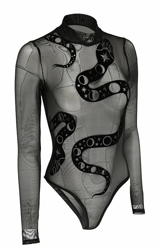 Restyle Standard Tops Black Gothic Snake Print See-Through Mesh Turtleneck Bodysuit 2 Restyle Standard Tops Black Gothic Snake Print See-Through Mesh Turtleneck Bodysuit - Image 2