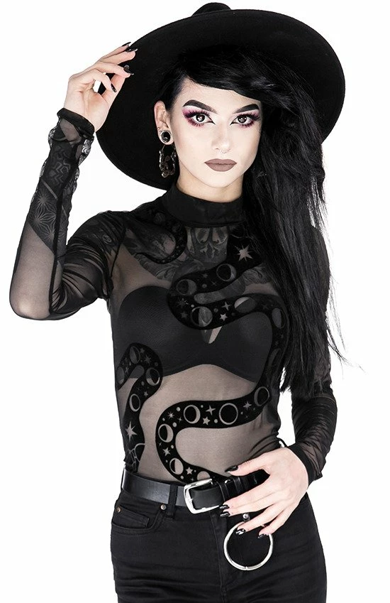Restyle Standard Tops Black Gothic Snake Print See-Through Mesh Turtleneck Bodysuit 3 Restyle Standard Tops Black Gothic Snake Print See-Through Mesh Turtleneck Bodysuit - Image 3