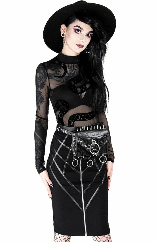 Restyle Standard Tops Black Gothic Snake Print See-Through Mesh Turtleneck Bodysuit 4 Restyle Standard Tops Black Gothic Snake Print See-Through Mesh Turtleneck Bodysuit - Image 4