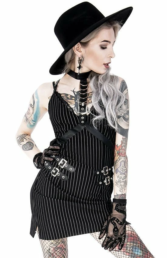 Restyle Dresses Black Gothic Steampunk Collared Pinstripe Mini Dress 1 Restyle Dresses Black Gothic Steampunk Collared Pinstripe Mini Dress