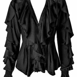 Restyle Standard Tops Black Gothic V Neck Ruffled Shirt 11 Restyle Standard Tops Black Gothic V Neck Ruffled Shirt -Restyle sale Shop black gothic v neck ruffled shirt rebelsmarket 5