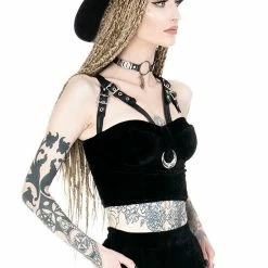 Restyle Standard Tops Black Gothic Velvet Moon Harness Crop Top -Restyle sale Shop black gothic velvet moon harness crop top rebelsmarket 2