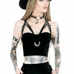 Restyle Standard Tops Black Gothic Velvet Moon Harness Crop Top