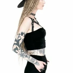 Restyle Standard Tops Black Gothic Velvet Moon Harness Crop Top -Restyle sale Shop black gothic velvet moon harness crop top rebelsmarket 3