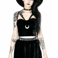 Restyle Standard Tops Black Gothic Velvet Moon Harness Crop Top -Restyle sale Shop black gothic velvet moon harness crop top rebelsmarket 5