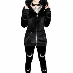 Restyle Black Gothic Zip-Up Moon Pattern Velvet Leggings -Restyle sale Shop black gothic zip up moon pattern velvet leggings rebelsmarket 2