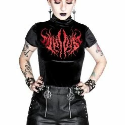 Restyle Standard Tops Black Metal Nihiist Embroidered Velvet Top -Restyle sale Shop black metal nihiist embroidered velvet top rebelsmarket 4