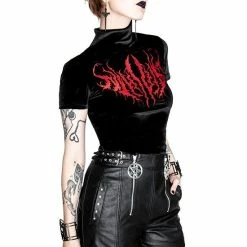 Restyle Standard Tops Black Metal Nihiist Embroidered Velvet Top -Restyle sale Shop black metal nihiist embroidered velvet top rebelsmarket 5
