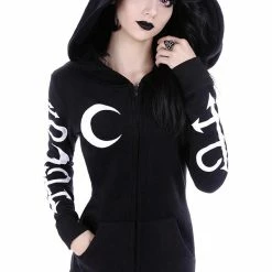 Restyle Jackets Black Oversized Hood Gothic Crescent Occult Zip-Up Jacket