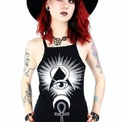 Restyle Standard Tops Black Third Eye Print Spaghetti Straps Top