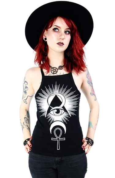 Restyle Standard Tops Black Third Eye Print Spaghetti Straps Top 1 Restyle Standard Tops Black Third Eye Print Spaghetti Straps Top