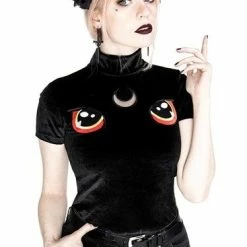 Restyle Standard Tops Black Velvet Cat Top With Embroidery I See You