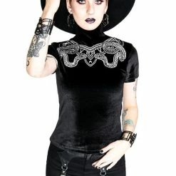 Restyle Standard Tops Black Velvet Top With Snake Embroidery -Restyle sale Shop black velvet top with snake embroidery rebelsmarket 2