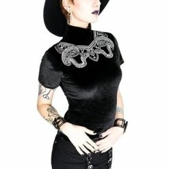 Restyle Standard Tops Black Velvet Top With Snake Embroidery -Restyle sale Shop black velvet top with snake embroidery rebelsmarket 3