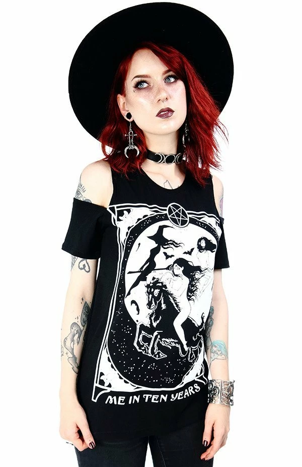 Restyle T-Shirts Black Witches Me In Ten Years Cold Shoulder T-shirt 2 Restyle T-Shirts Black Witches Me In Ten Years Cold Shoulder T-shirt - Image 2