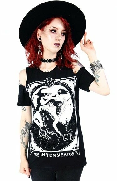 Restyle T-Shirts Black Witches Me In Ten Years Cold Shoulder T-shirt 1 Restyle T-Shirts Black Witches Me In Ten Years Cold Shoulder T-shirt