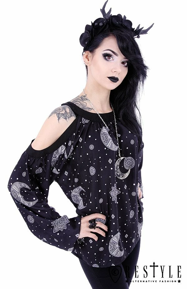 Restyle Standard Tops Crescent Moon Hippie Oversized Black Gothic Cold Shoulder Top 2 Restyle Standard Tops Crescent Moon Hippie Oversized Black Gothic Cold Shoulder Top - Image 2