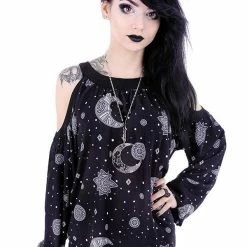 Restyle Standard Tops Crescent Moon Hippie Oversized Black Gothic Cold Shoulder Top