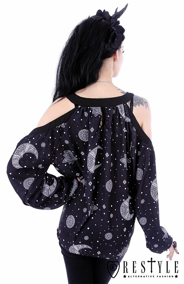 Restyle Standard Tops Crescent Moon Hippie Oversized Black Gothic Cold Shoulder Top 4 Restyle Standard Tops Crescent Moon Hippie Oversized Black Gothic Cold Shoulder Top - Image 4